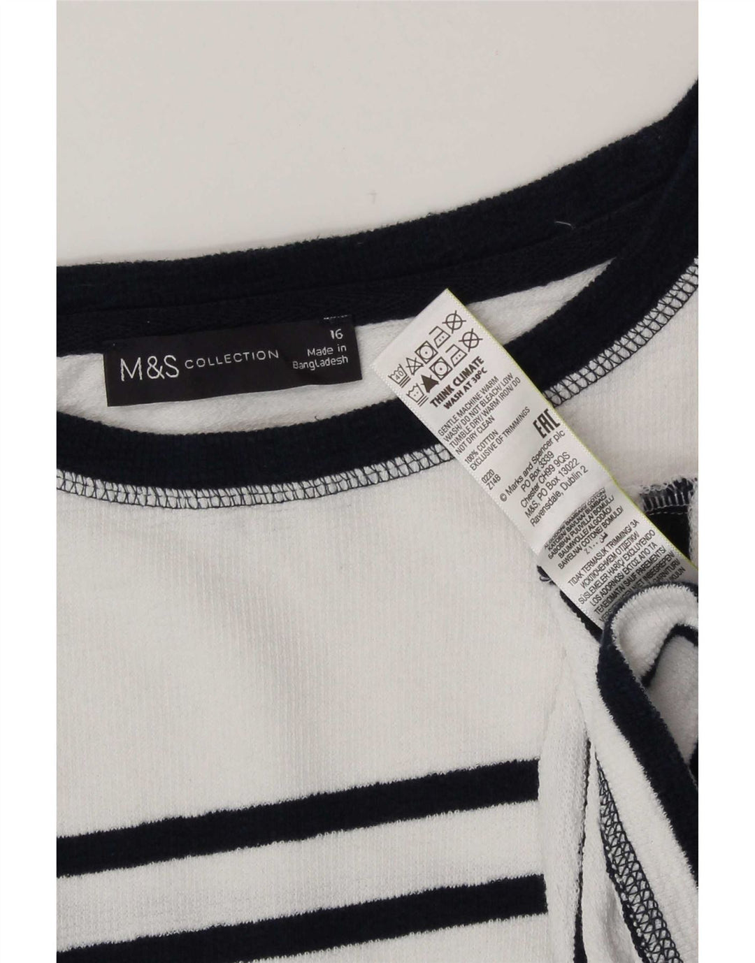 Top feminino Marks & Spencer manga comprida Reino Unido 16 grande algodão listrado branco