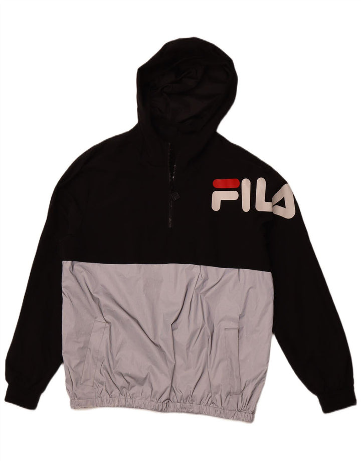 Jaqueta masculina FILA com capuz e zíper e gola alta, grande bloco colorido preto