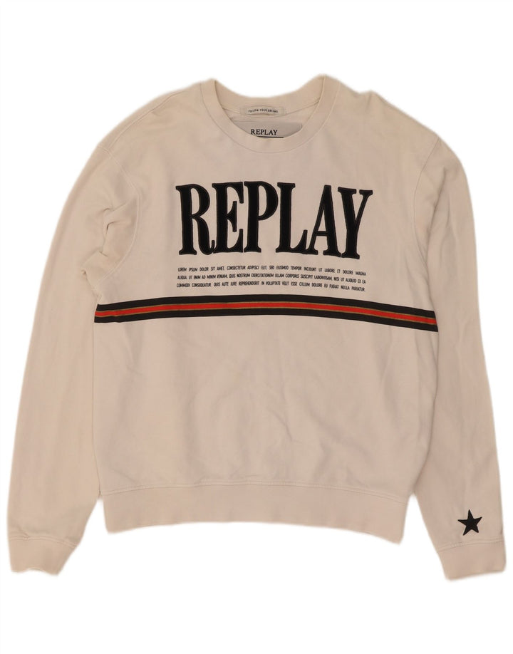 Replay feminino gráfico moletom jumper UK 14 médio algodão branco