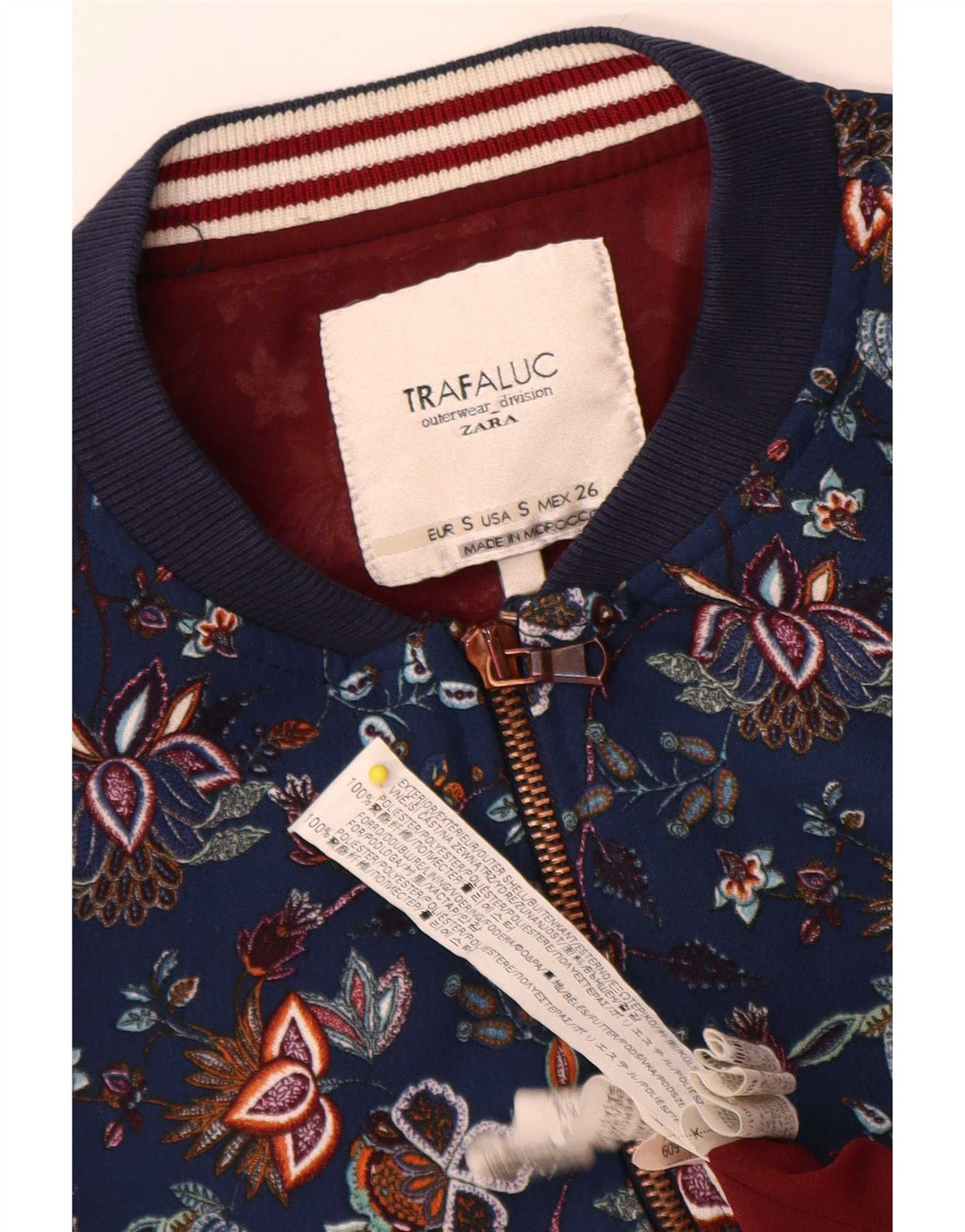 Zara Womens Trafaluc Bomber Jacket UK 10 Pequeno Azul Marinho Floral Poliéster