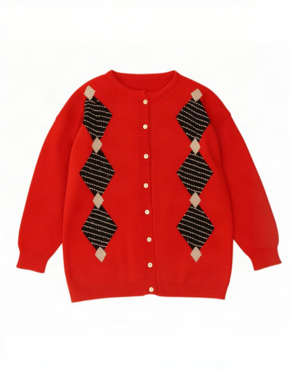 Suéter cardigã feminino vintage Reino Unido 16 grande vermelho Argyle/Diamante