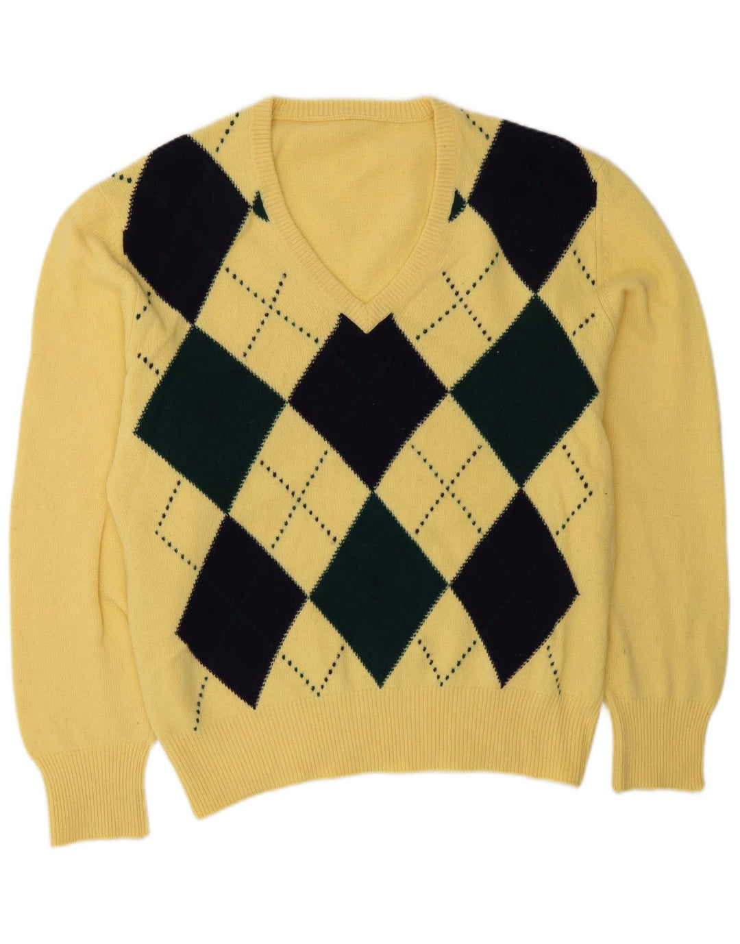 Suéter masculino VINTAGE com decote em V grande amarelo Argyle/Diamante