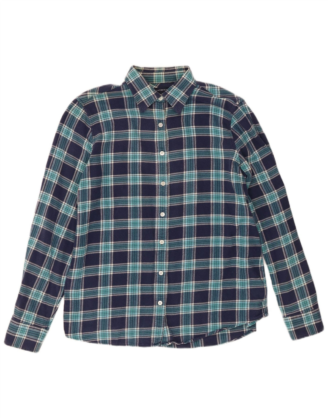Camisa feminina de flanela Lands End Reino Unido 14 algodão xadrez médio azul marinho