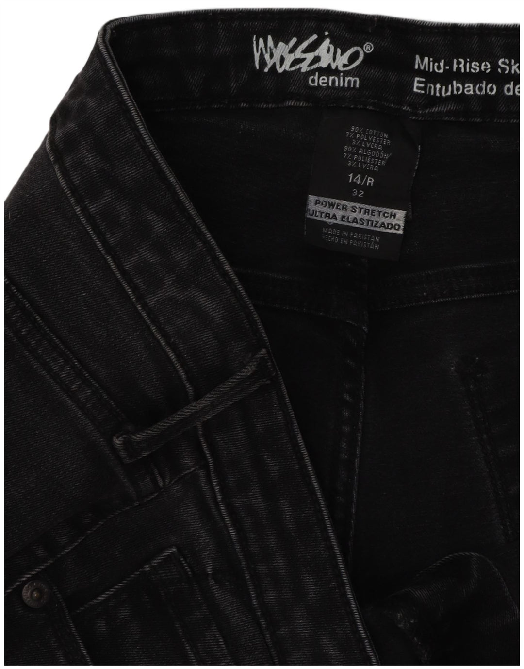 Calça jeans feminina MOSSIMO Power Stretch skinny EUA 14 grande W32 L29 preta