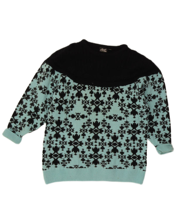 Suéter feminino vintage com gola canoa Reino Unido 14/16 grande lã azul Fair Isle
