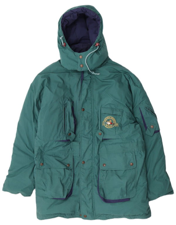 Jaqueta Parka com capuz masculina vintage poliéster verde grande Reino Unido 40