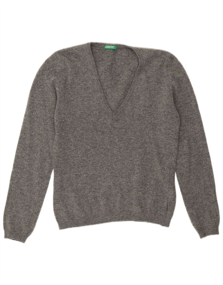 Suéter feminino Benetton com decote em V Reino Unido 12 lã cinza médio