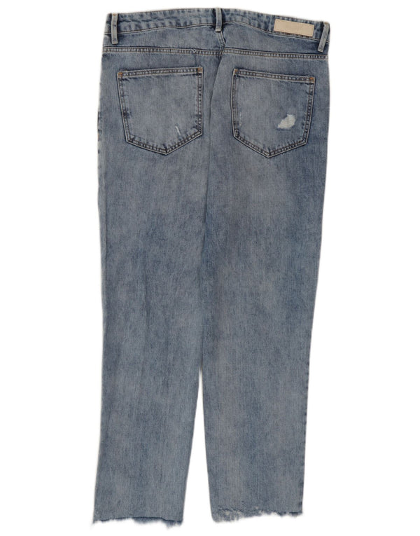 Zara Calça Jeans Feminina Crop Distressed Slim EU 38 Pequeno W28 L25 Azul Algodão