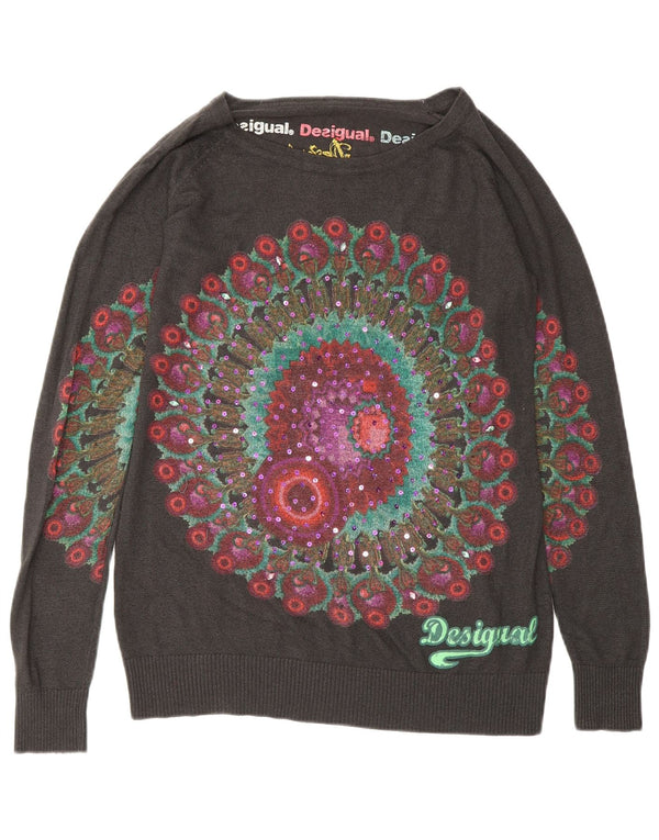 Suéter feminino Desigual com gola canoa gráfico UK 14 cinza médio floral