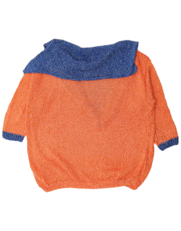 Suéter feminino vintage manga 3/4 com gola polo UK 22 3XL listrado laranja