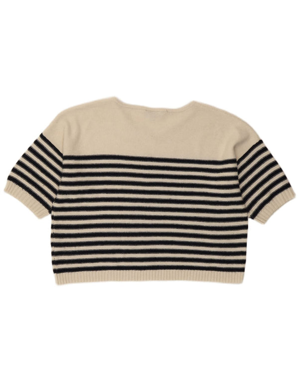 Suéter feminino Topshop de manga curta com decote em V Reino Unido 8 pequeno listrado branco