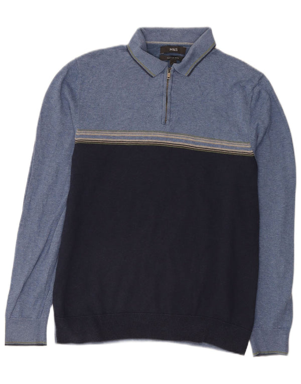 Suéter masculino Marks & Spencer com gola polo e algodão colorblock azul pequeno