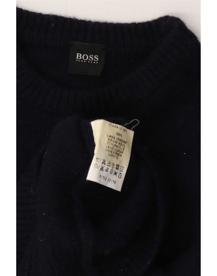 Suéter masculino Hugo Boss com gola redonda, lã azul marinho médio