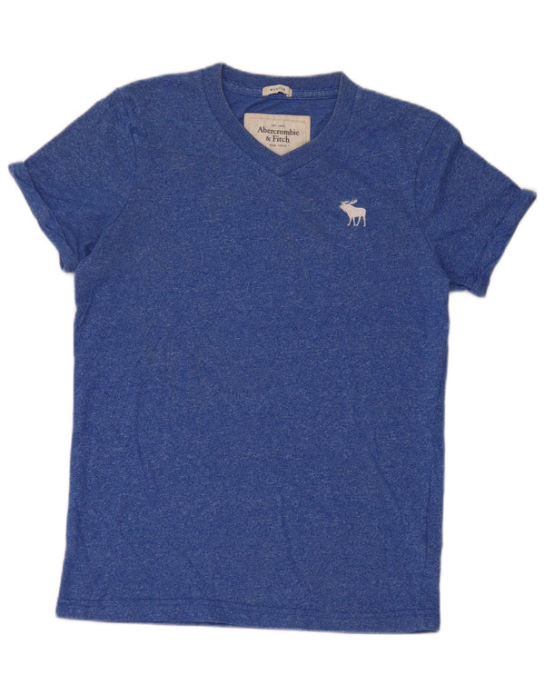 Camiseta masculina Abercrombie & Fitch com ajuste muscular e algodão manchado azul pequeno