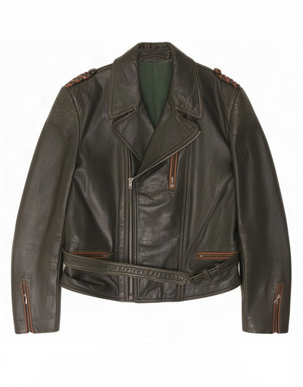 Jaqueta de couro para motociclista masculina vintage Reino Unido 36 cáqui pequeno