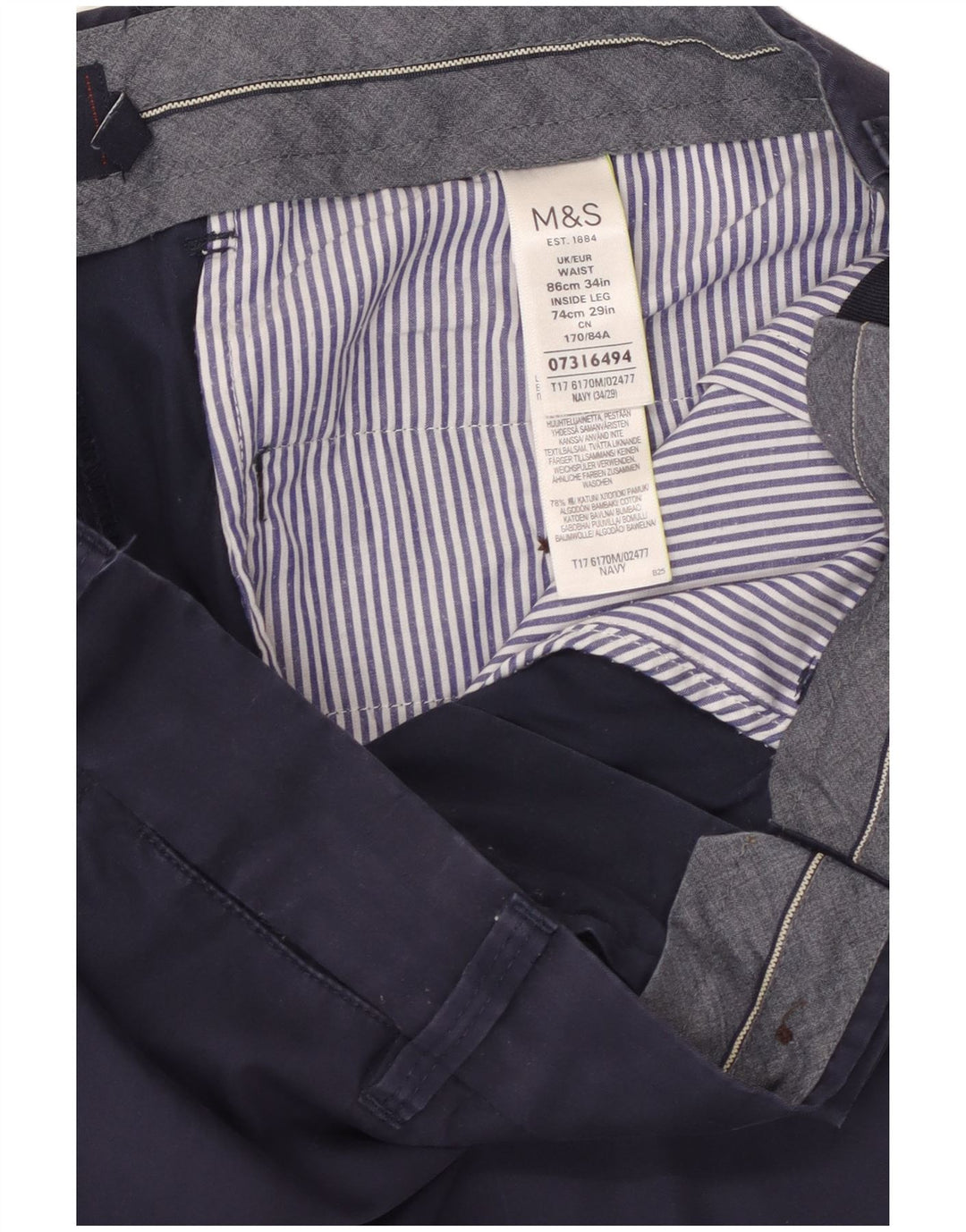 Calça cortada masculina Marks & Spencer W34 L25 algodão azul marinho
