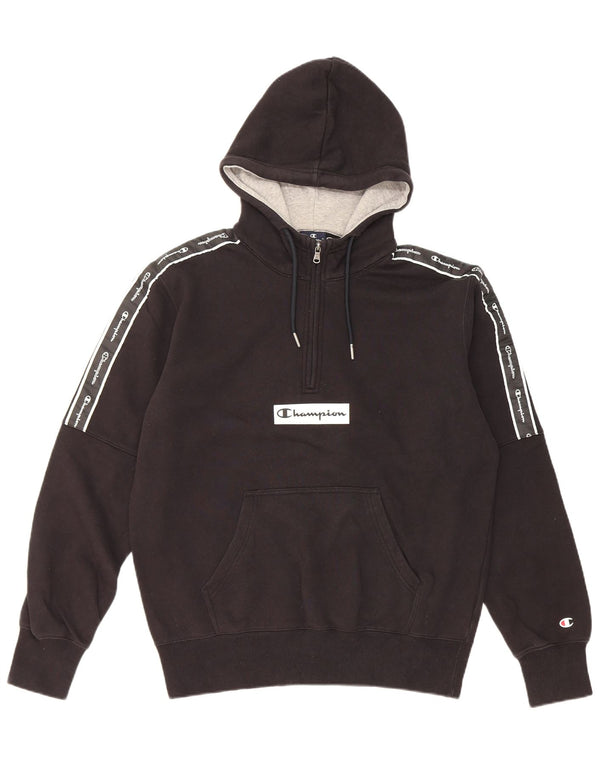 Jumper masculino com capuz gráfico Champion com zíper e gola média de algodão preto