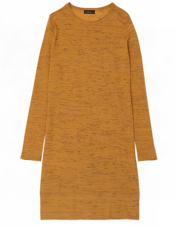 Zara Vestido feminino de manga comprida UK 10 pequeno poliéster manchado amarelo
