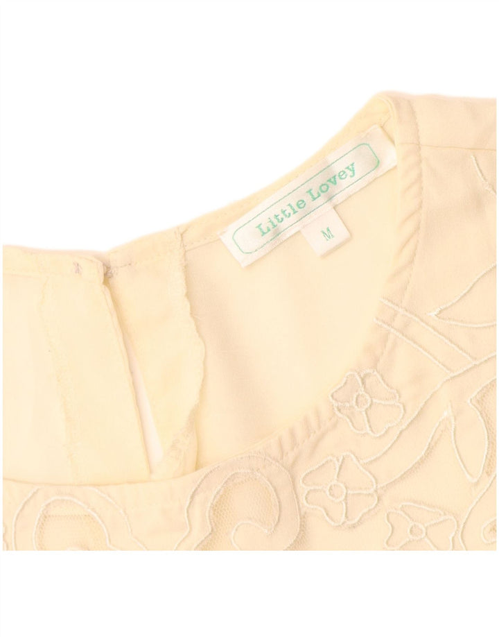 Blusa feminina vintage UK 12 poliéster floral bege médio