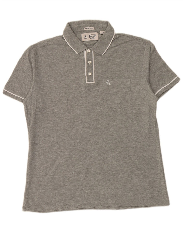 Camisa polo masculina Penguin Heritage Slim Fit cinza médio listrado