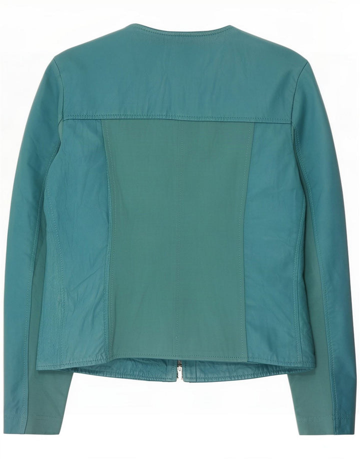 Jaqueta de couro feminina vintage UK 10 pequena azul