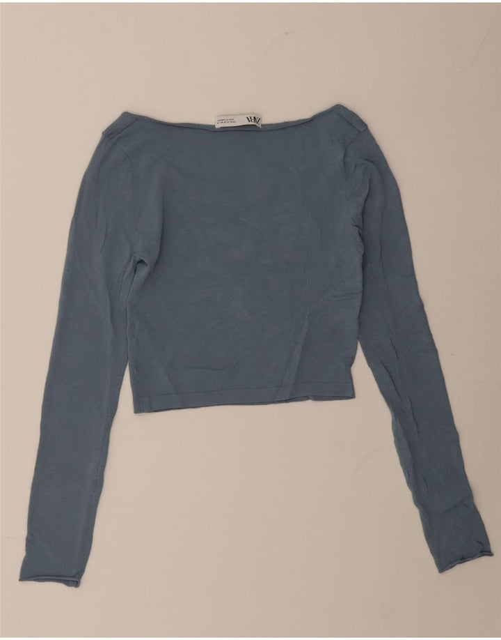 Top feminino Zara com ombro de fora UK 12 viscose azul médio