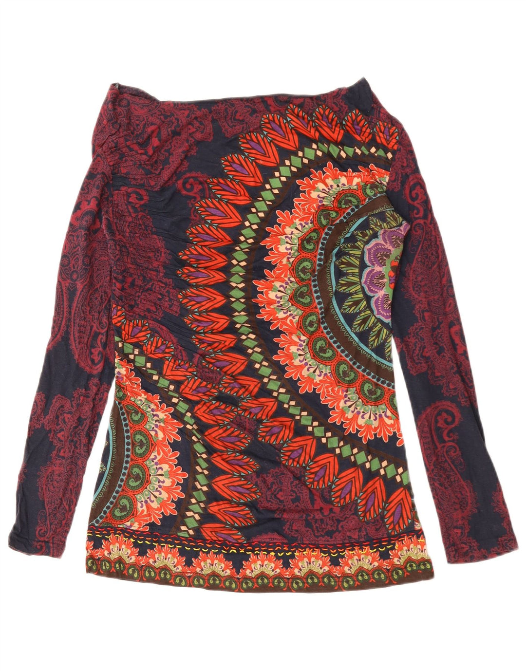 DESIGUAL Top gráfico feminino manga comprida Reino Unido 12 médio azul marinho Paisley