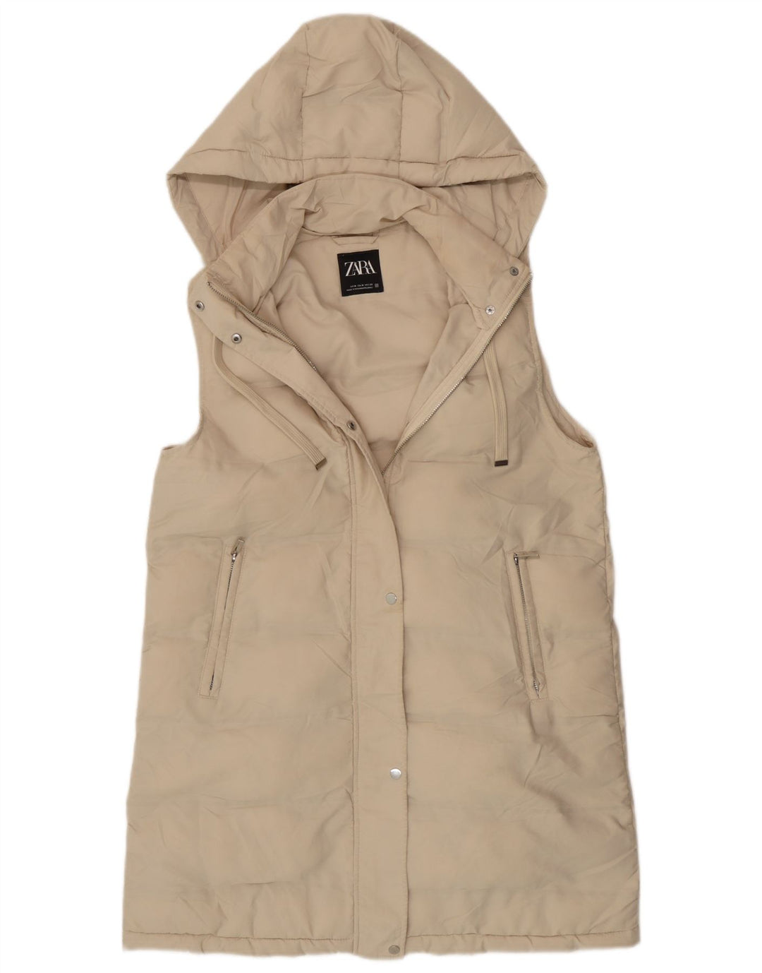 Zara Womens Longline com capuz acolchoado Gilet UK 14 poliéster bege médio