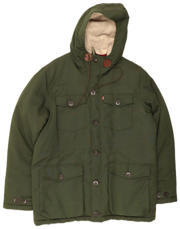 Jaqueta masculina acolchoada com capuz Levi's UK 40 grande algodão verde