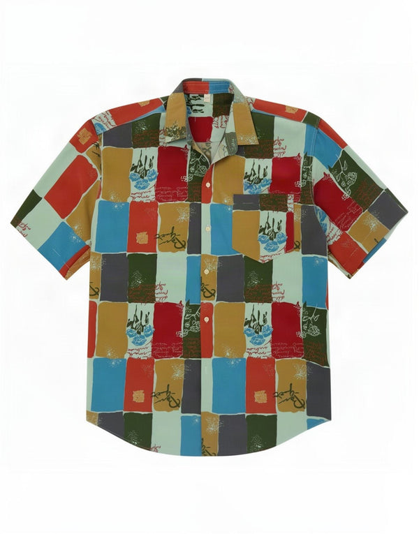 Camisa masculina vintage de manga curta com padrão abstrato XL multicolorida