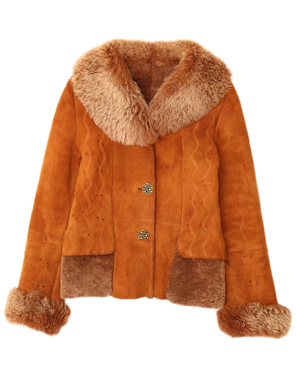 Jaqueta Shearling Feminina Vintage Reino Unido 12 Couro Marrom Médio