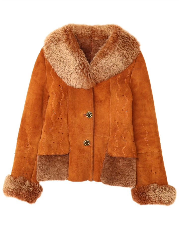 Jaqueta Shearling Feminina Vintage Reino Unido 12 Couro Marrom Médio
