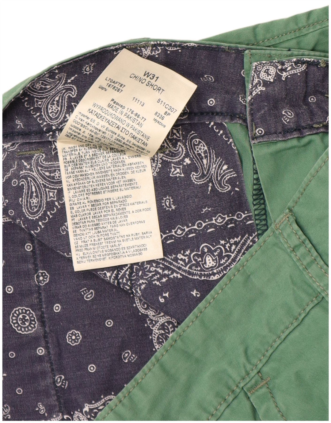 Lee Mens Chino Shorts W31 Algodão Verde Médio