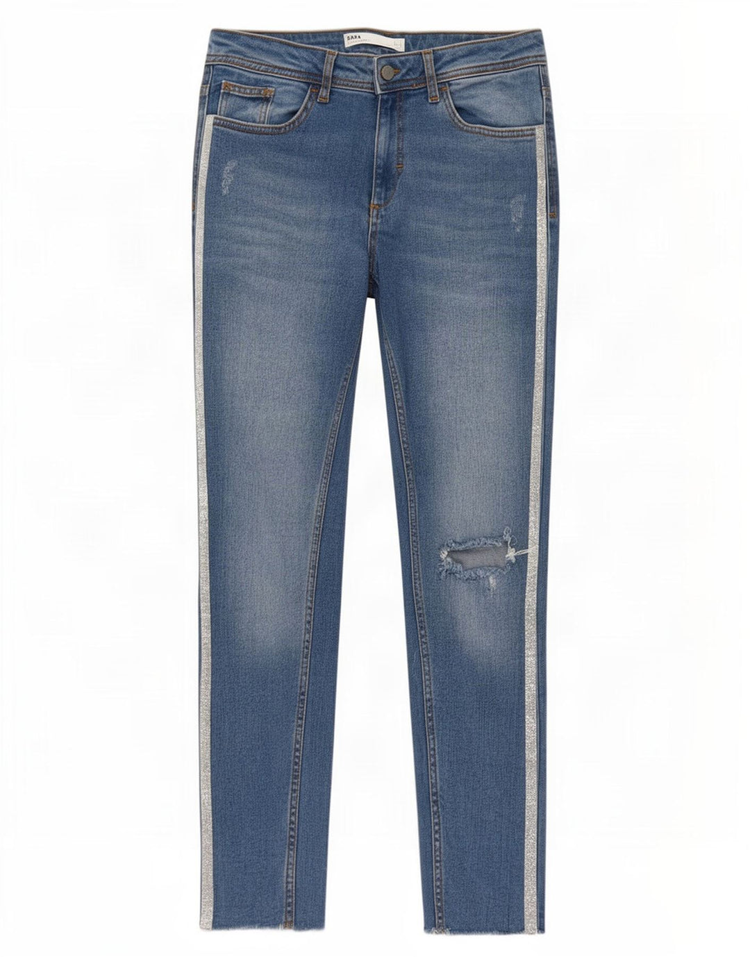 Zara Jeans feminino slim desgastado UE 40 médio W30 L27 algodão listrado azul