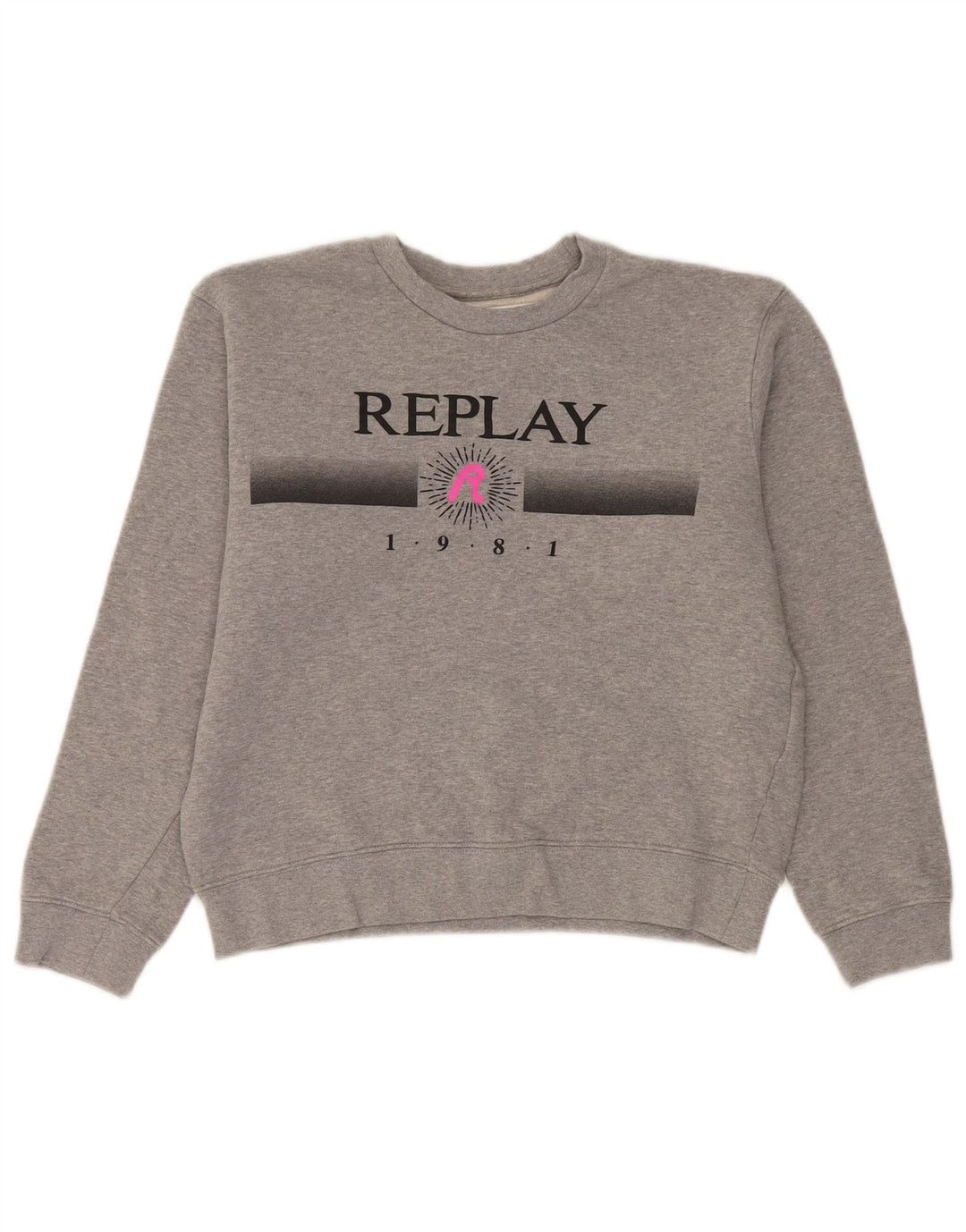 Replay feminino gráfico oversized moletom jumper Reino Unido 10 pequeno algodão cinza