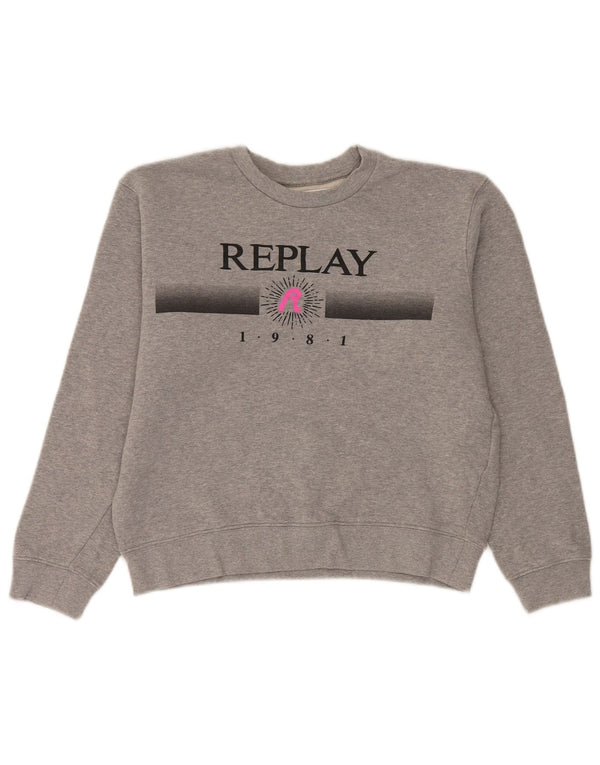 Replay feminino gráfico oversized moletom jumper Reino Unido 10 pequeno algodão cinza