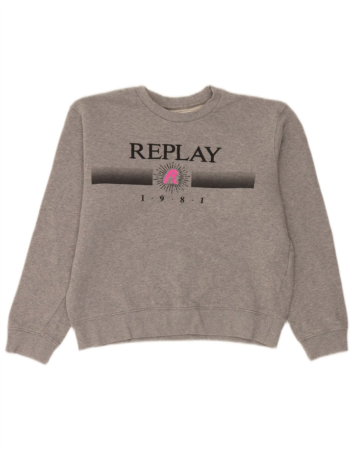 Replay feminino gráfico oversized moletom jumper Reino Unido 10 pequeno algodão cinza