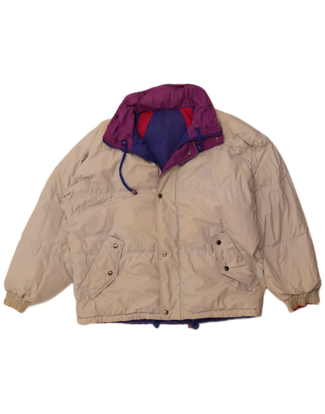 Jaqueta feminina VINTAGE reversível com capuz grande poliéster colorblock bege