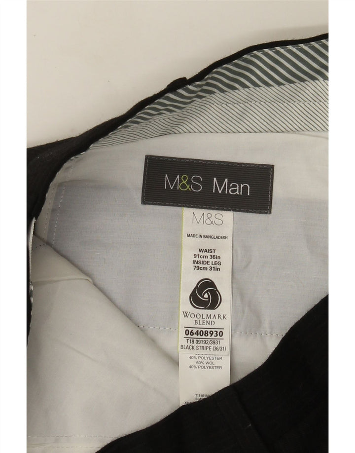 Calça masculina de terno reto Marks & Spencer W36 L31 preta listrada de lã
