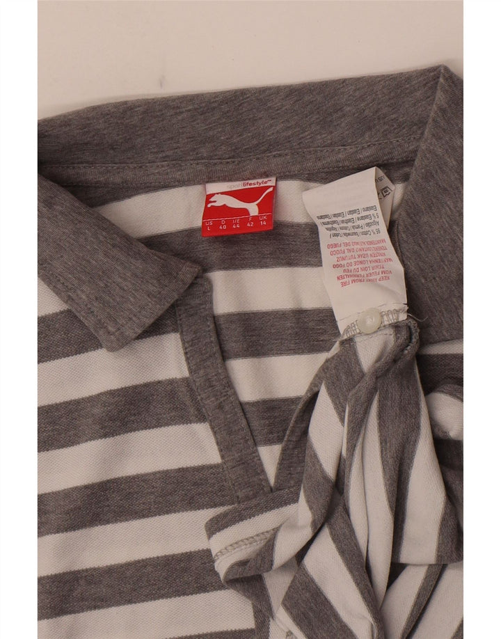 Camisa polo feminina Puma UK 14 algodão listrado cinza médio