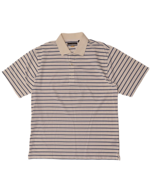 Camisa polo masculina Greg Norman grande algodão listrado branco