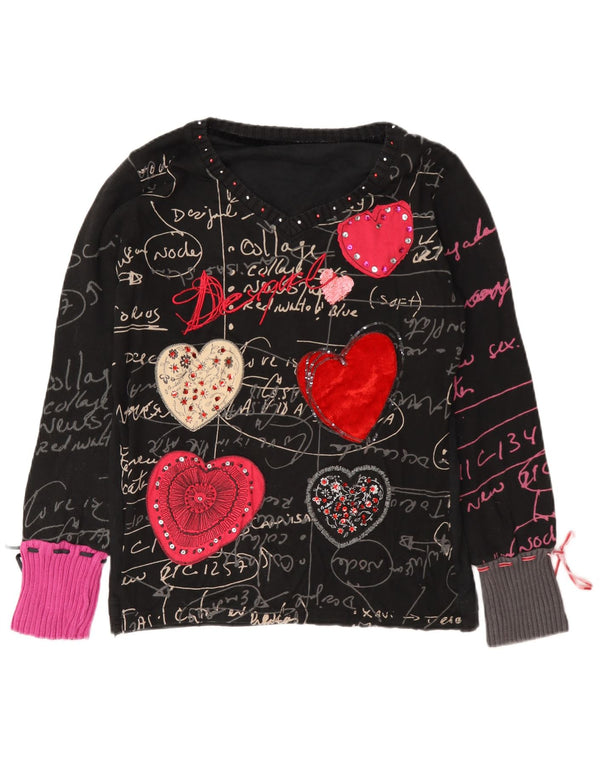 Top gráfico feminino Desigual manga comprida UK 18 XL preto algodão coração