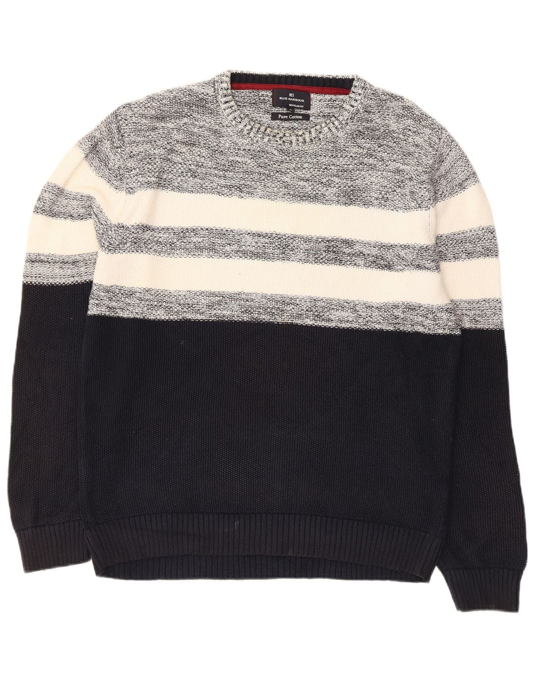 Suéter masculino Marks & Spencer com gola redonda, bloco colorido azul marinho médio