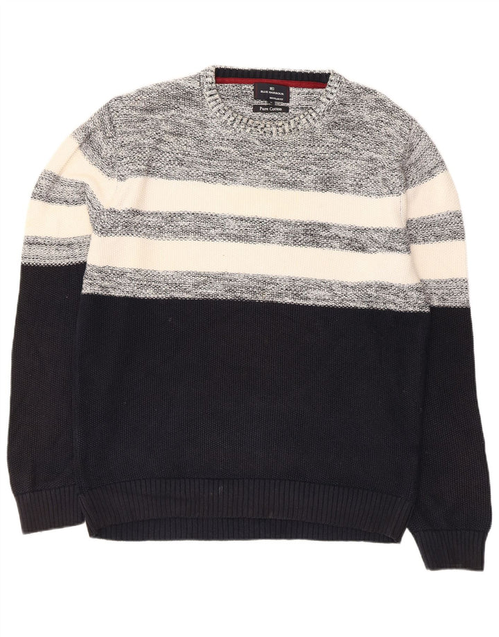 Suéter masculino Marks & Spencer com gola redonda, bloco colorido azul marinho médio
