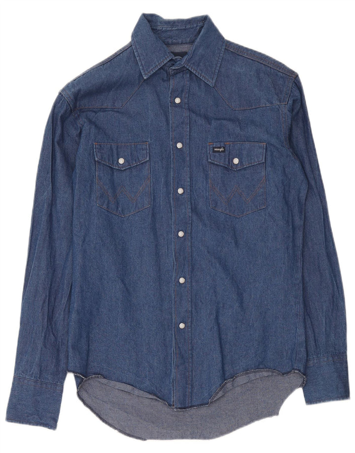 Camisa Wrangler masculina Western Denim tamanho 15 algodão azul médio