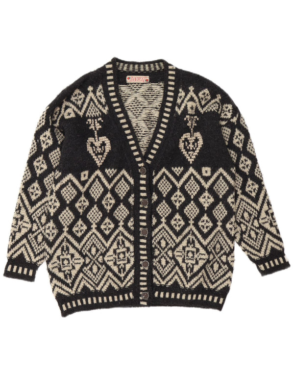 Suéter cardigã feminino vintage Reino Unido 16 grande preto Fair Isle