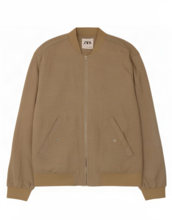 Jaqueta bomber masculina Zara UK 36 poliéster xadrez bege pequeno