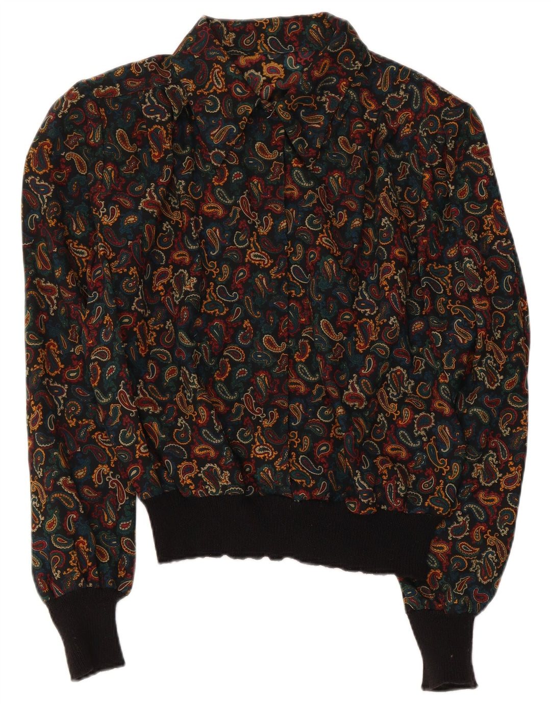 Blusa feminina vintage de manga comprida UK 14 grande paisley multicolorida