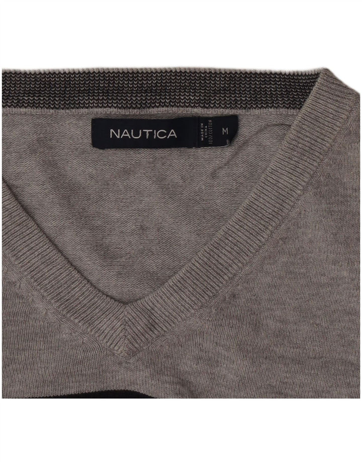 Suéter masculino Nautica com gola V e algodão listrado cinza médio