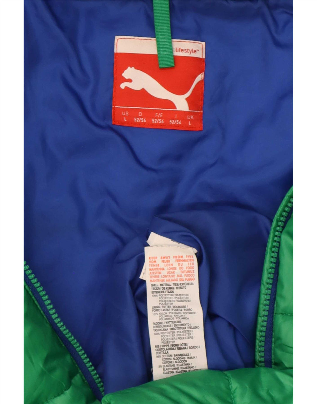 Jaqueta acolchoada com capuz masculina Puma UK 40 grande poliéster colorblock verde